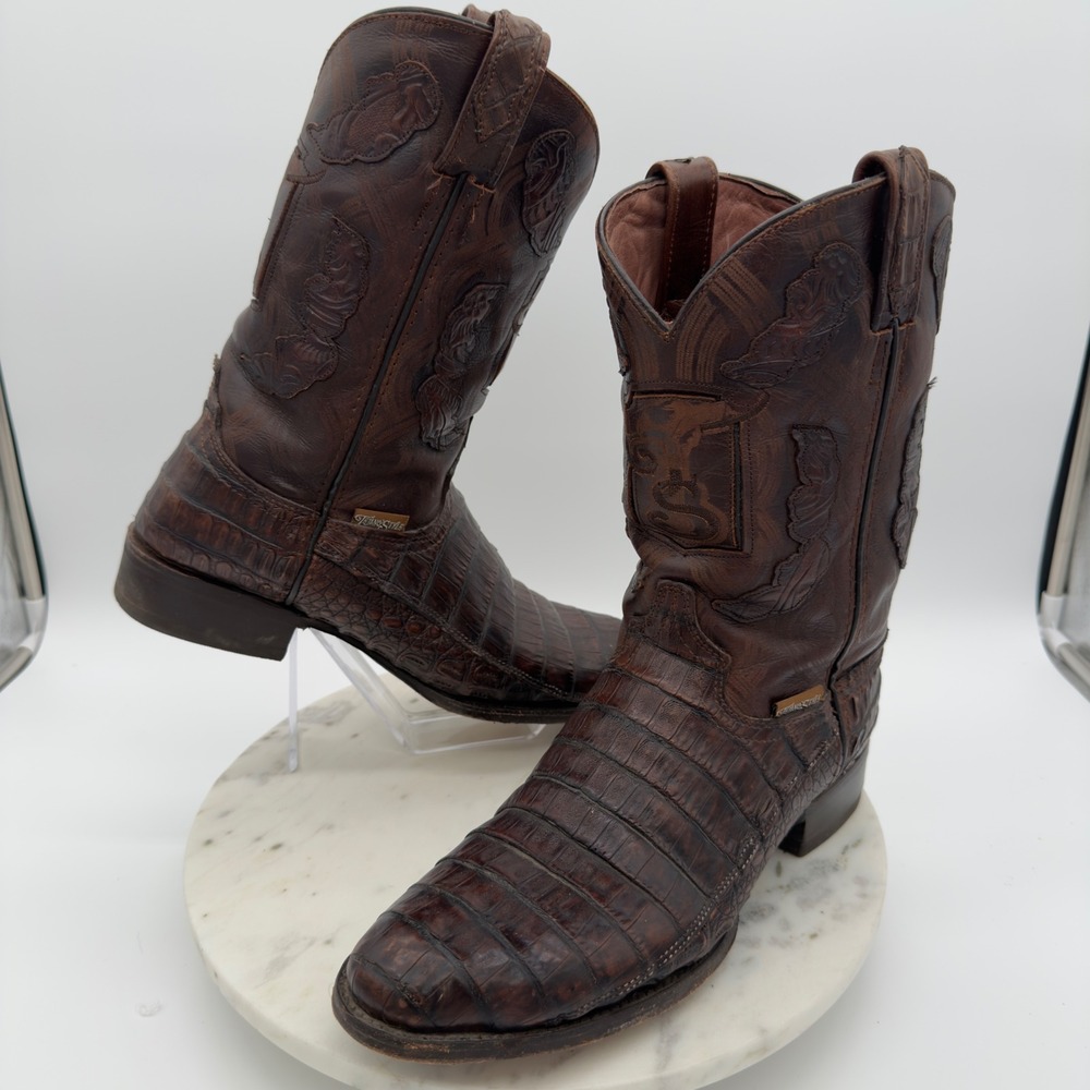Tejano Style Cowboy Boots Mens‎ 7 Brown Caiman Crocodile Leather Embroidered